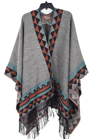 Bożena | Poncho Damskie Wzór Etniczny Frędzle Sweter Oversize