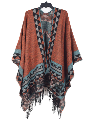Bożena | Poncho Damskie Wzór Etniczny Frędzle Sweter Oversize