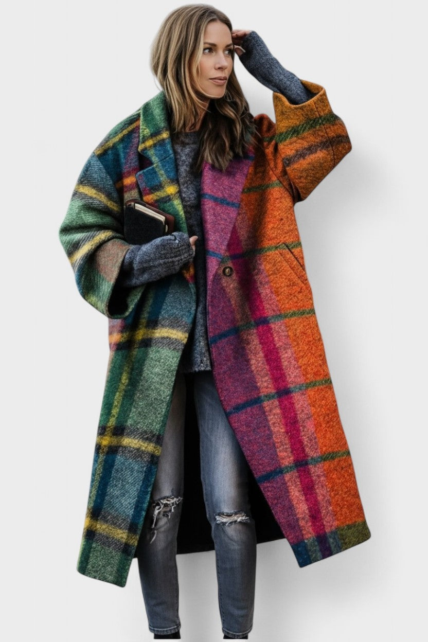 Gabriela | Kurtka Damska Oversize w Kratę Długa Wełniana