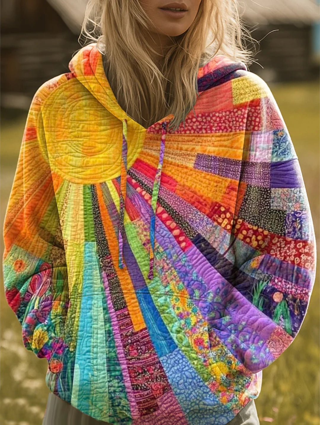 Iwona | Bluza z Kapturem Damska Patchwork Oversize