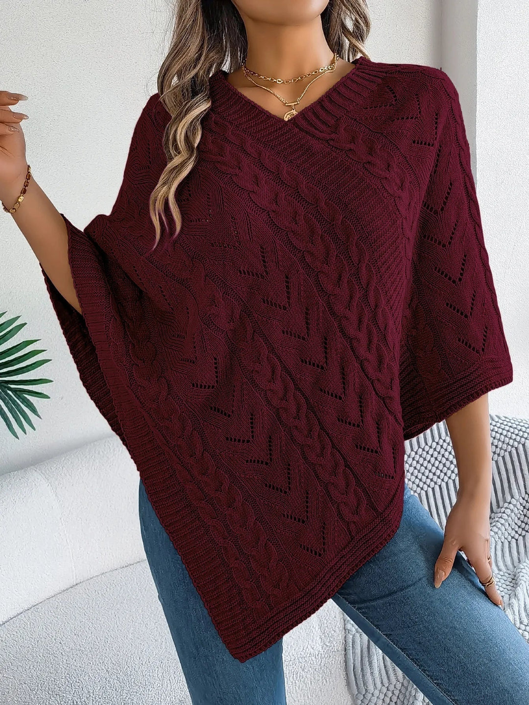 Izabela | Sweter Poncho Damski z Warkoczowym Splotem Oversize
