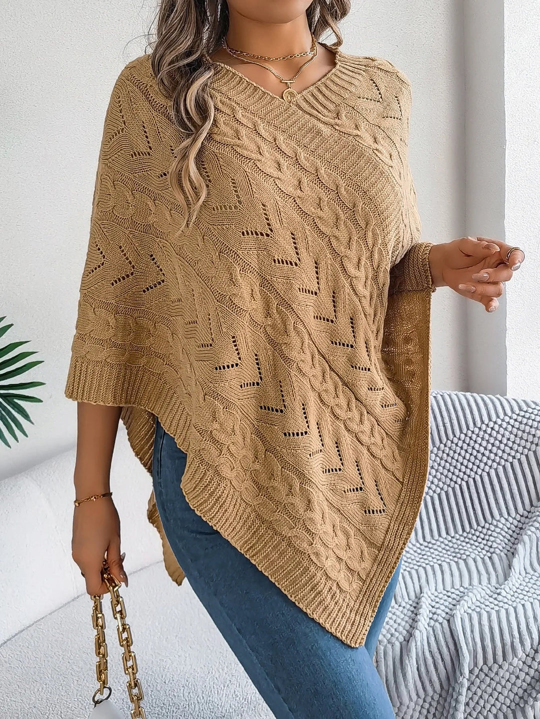 Izabela | Sweter Poncho Damski z Warkoczowym Splotem Oversize
