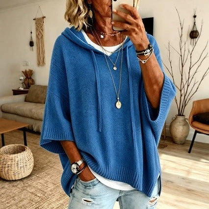 Joanna | Sweter Oversize Damski z Kapturem Poncho Dzianinowy