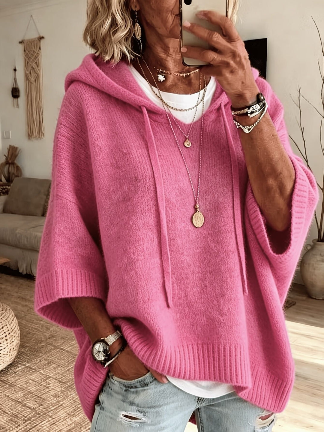 Joanna | Sweter Oversize Damski z Kapturem Poncho Dzianinowy