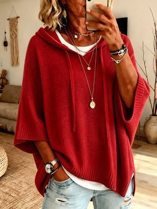Joanna | Sweter Oversize Damski z Kapturem Poncho Dzianinowy