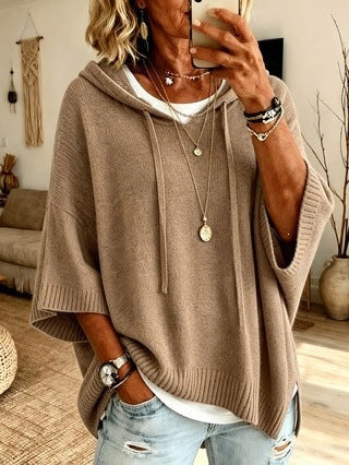 Joanna | Sweter Oversize Damski z Kapturem Poncho Dzianinowy