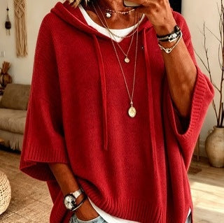 Joanna | Sweter Oversize Damski z Kapturem Poncho Dzianinowy