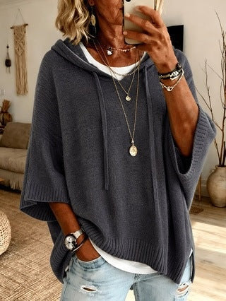 Joanna | Sweter Oversize Damski z Kapturem Poncho Dzianinowy