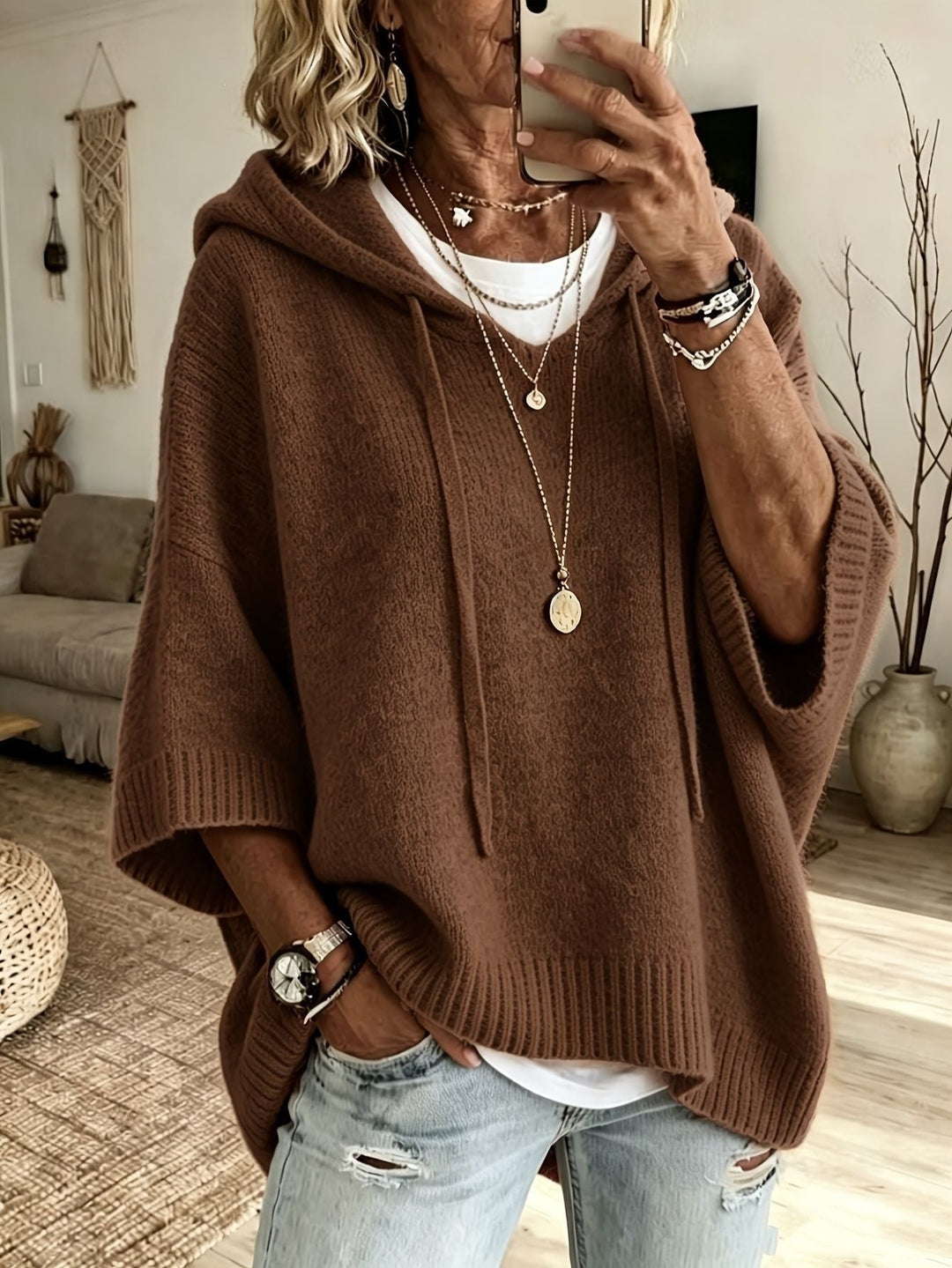 Joanna | Sweter Oversize Damski z Kapturem Poncho Dzianinowy