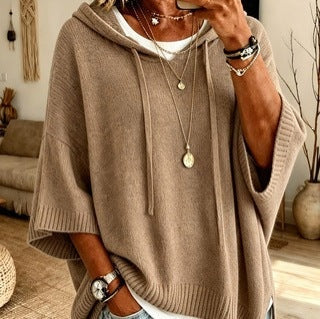 Joanna | Sweter Oversize Damski z Kapturem Poncho Dzianinowy