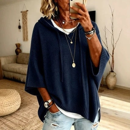 Joanna | Sweter Oversize Damski z Kapturem Poncho Dzianinowy