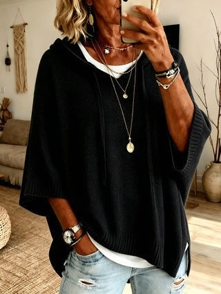 Joanna | Sweter Oversize Damski z Kapturem Poncho Dzianinowy