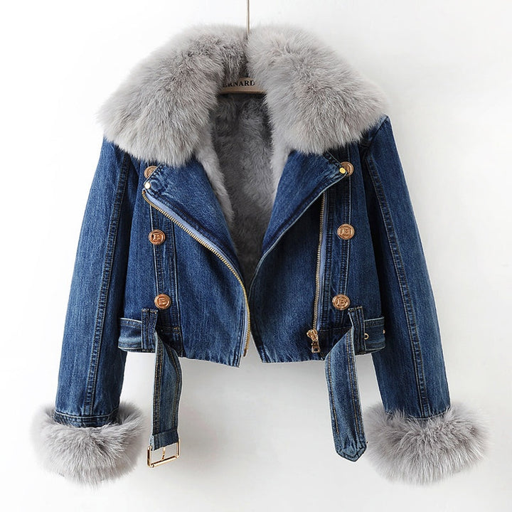 Julia | Kurtka z Futerkiem Damska Denim Krótka z Kołnierzem