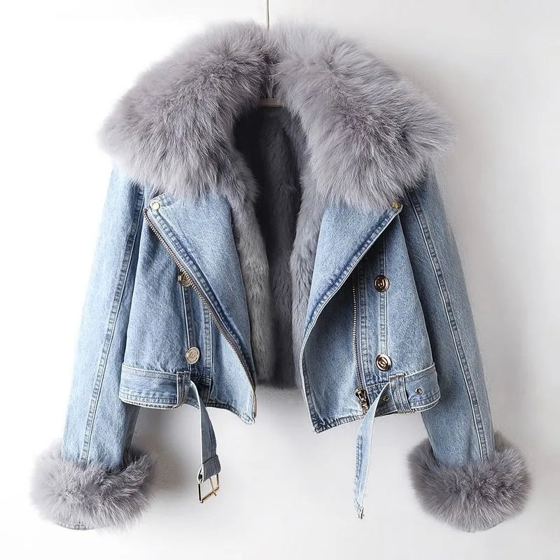 Julia | Kurtka z Futerkiem Damska Denim Krótka z Kołnierzem