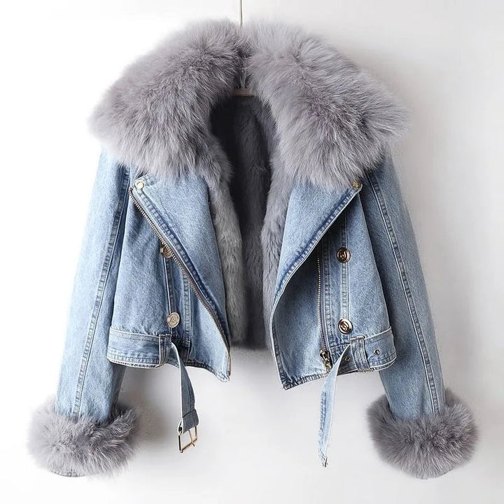 Julia | Kurtka z Futerkiem Damska Denim Krótka z Kołnierzem