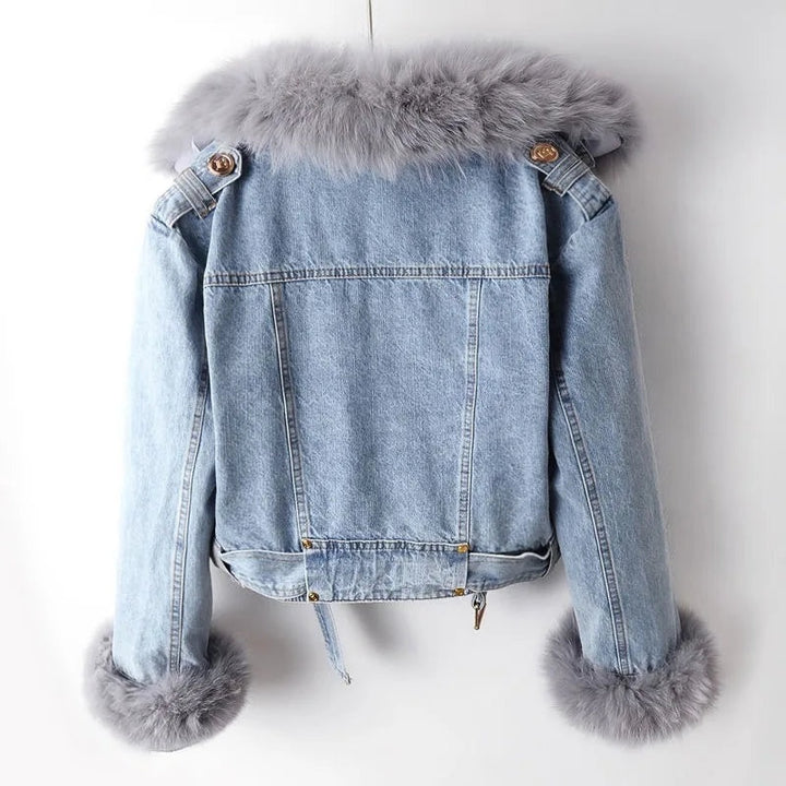 Julia | Kurtka z Futerkiem Damska Denim Krótka z Kołnierzem