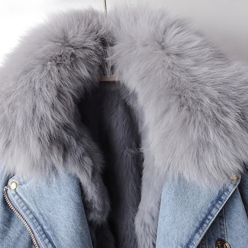 Julia | Kurtka z Futerkiem Damska Denim Krótka z Kołnierzem