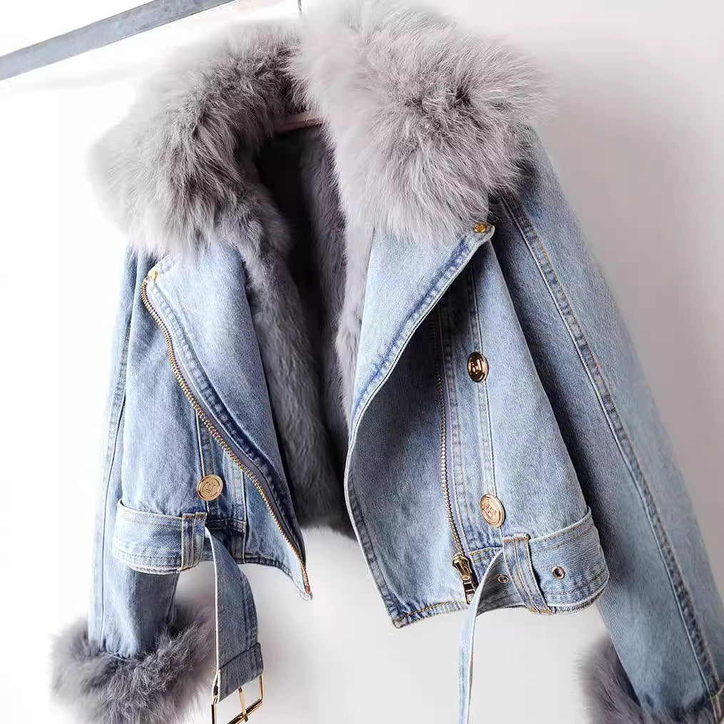 Julia | Kurtka z Futerkiem Damska Denim Krótka z Kołnierzem