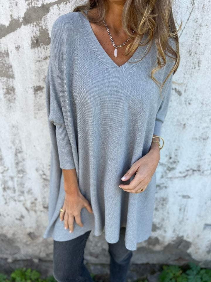 Justyna | Sweter Oversize Damski Dekolt V Dzianina
