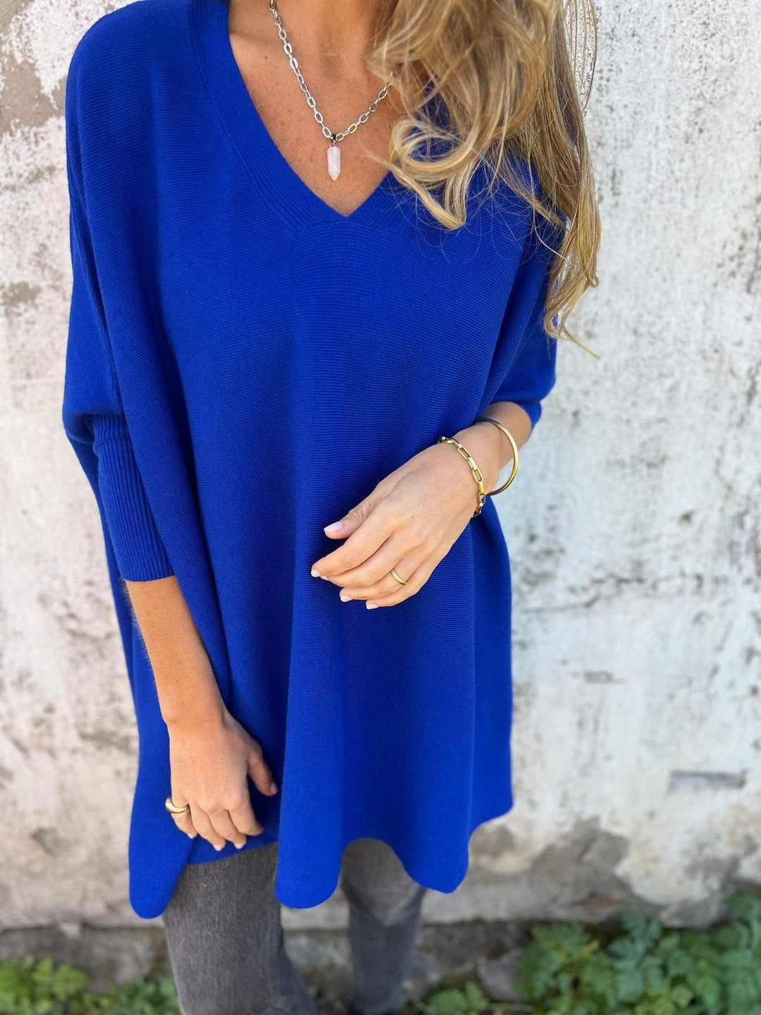 Justyna | Sweter Oversize Damski Dekolt V Dzianina