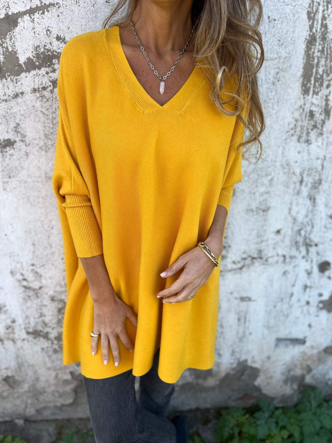 Justyna | Sweter Oversize Damski Dekolt V Dzianina