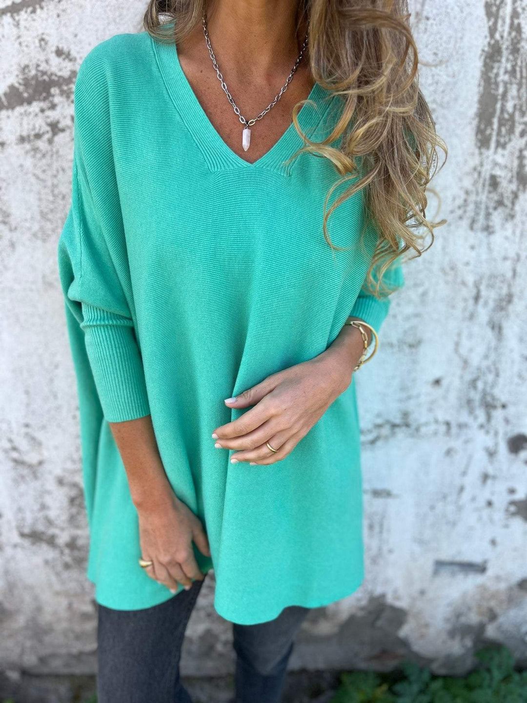 Justyna | Sweter Oversize Damski Dekolt V Dzianina