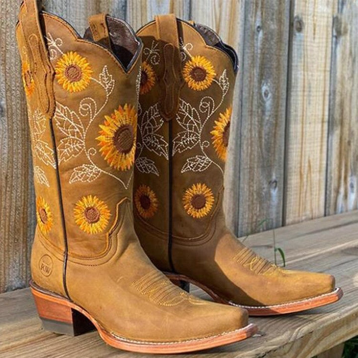 Kinga | Botas Cowboy Damskie Haftowane Kwiaty Obcas Blokowy