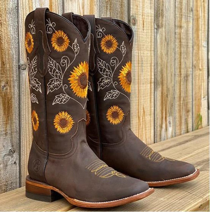 Kinga | Botas Cowboy Damskie Haftowane Kwiaty Obcas Blokowy