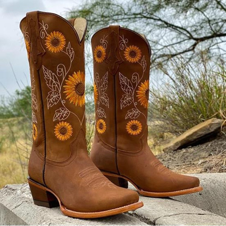 Kinga | Botas Cowboy Damskie Haftowane Kwiaty Obcas Blokowy