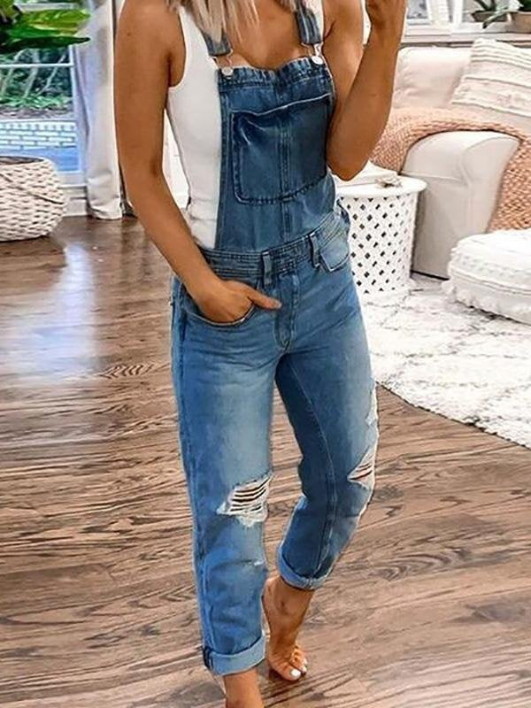 Milena | Kombinezon Jeansowy z Dziurami Damski Szelki