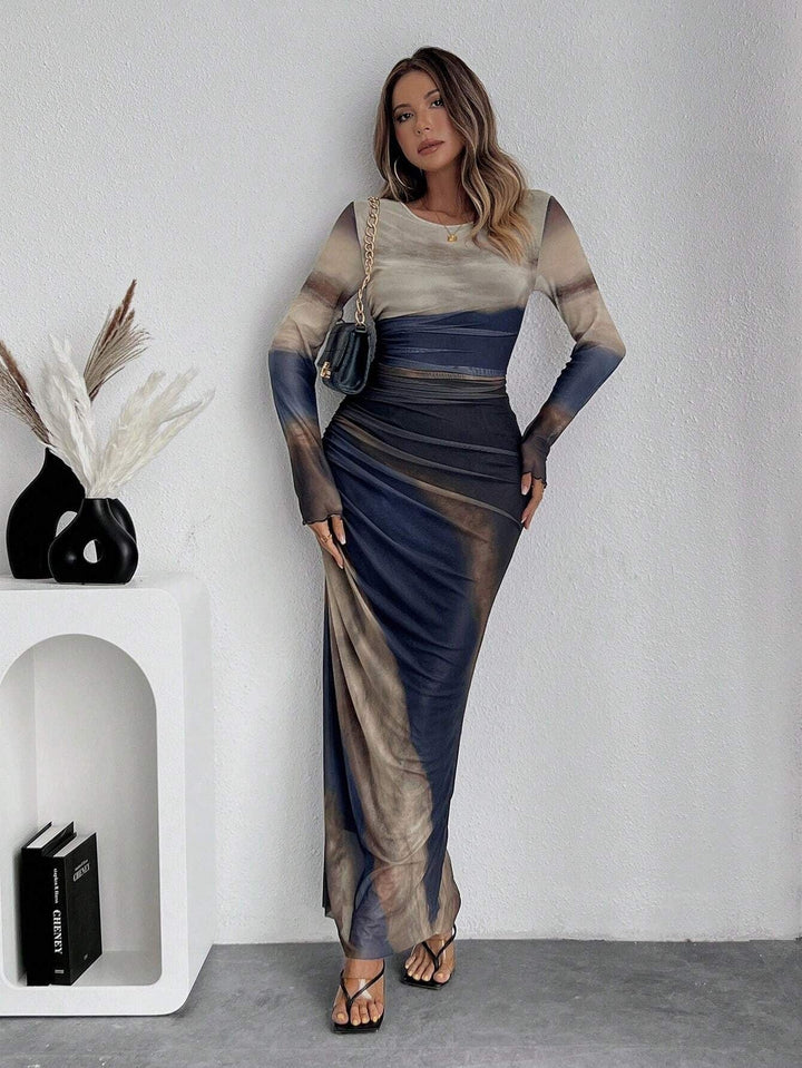 Natalia | Sukienka Maxi Dopasowana z Długim Rękawem Drapowana