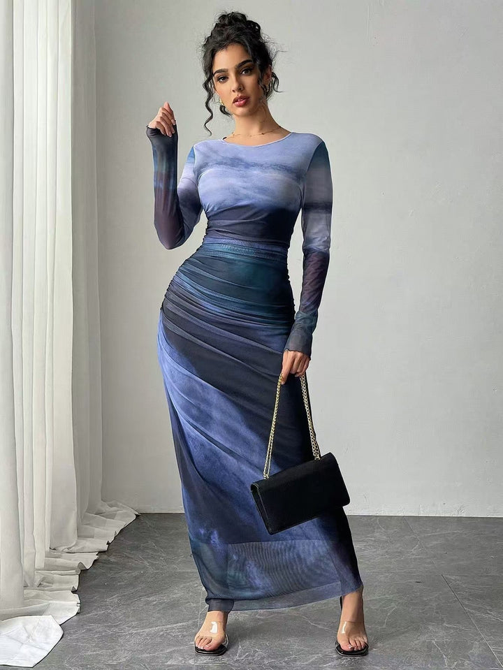 Natalia | Sukienka Maxi Dopasowana z Długim Rękawem Drapowana