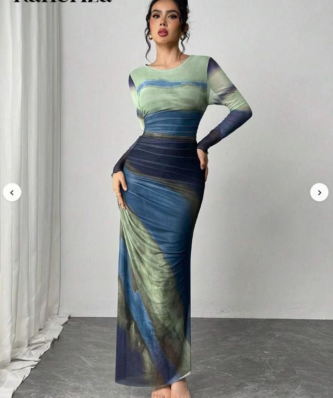 Natalia | Sukienka Maxi Dopasowana z Długim Rękawem Drapowana