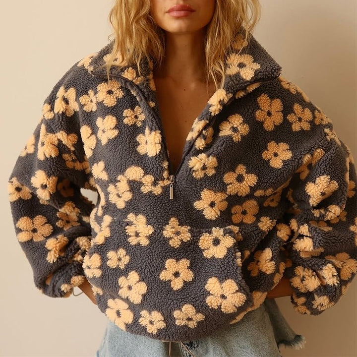 Oliwia | Kurtka Baranek Damska Oversized Wzór Kwiatowy