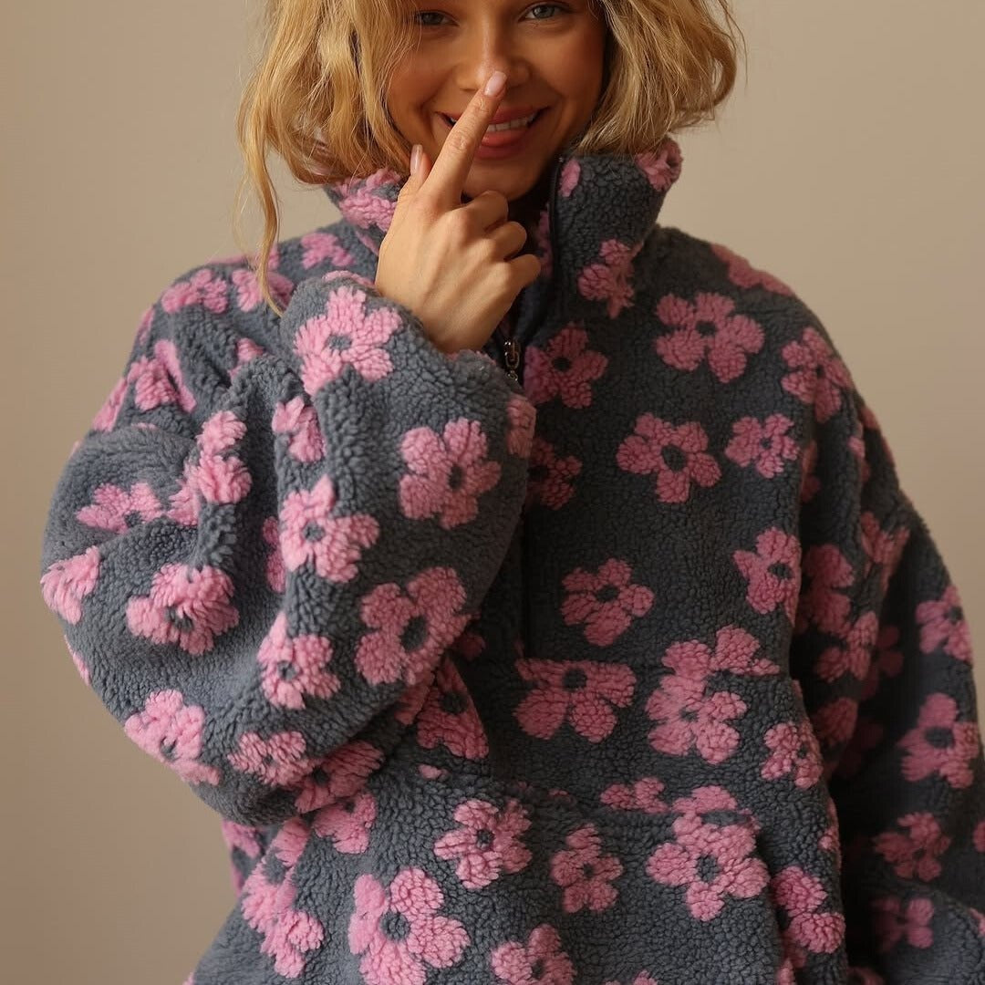 Oliwia | Kurtka Baranek Damska Oversized Wzór Kwiatowy