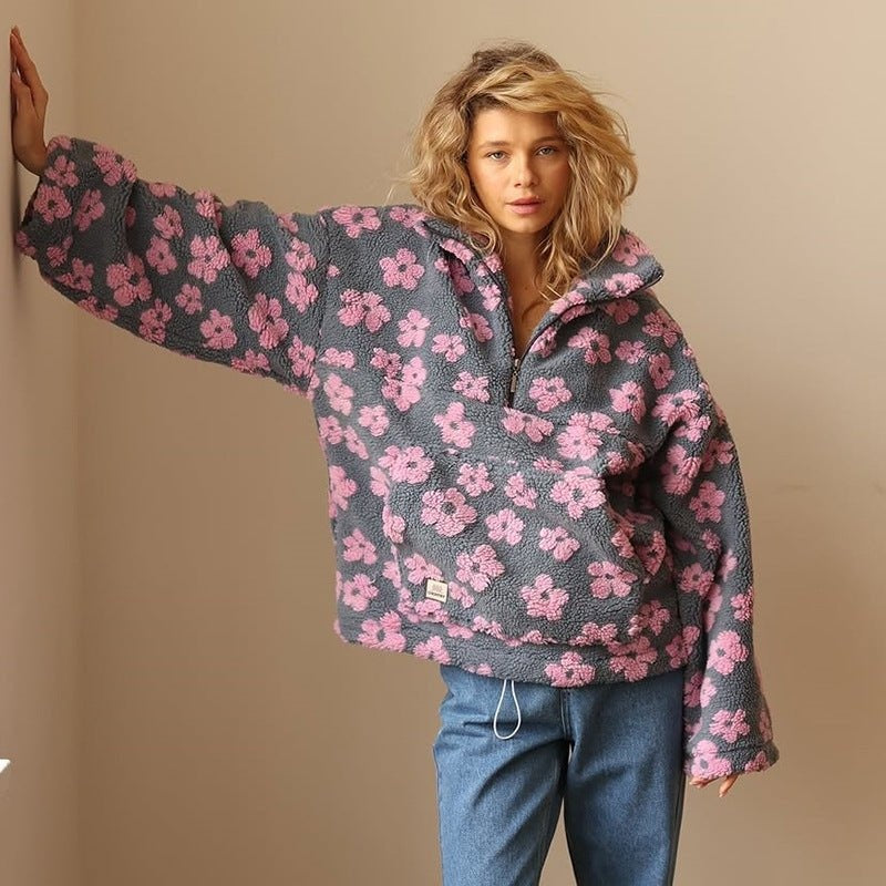 Oliwia | Kurtka Baranek Damska Oversized Wzór Kwiatowy