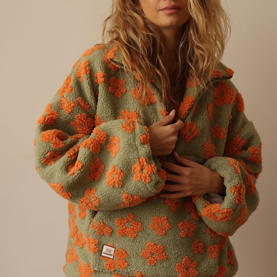 Oliwia | Kurtka Baranek Damska Oversized Wzór Kwiatowy