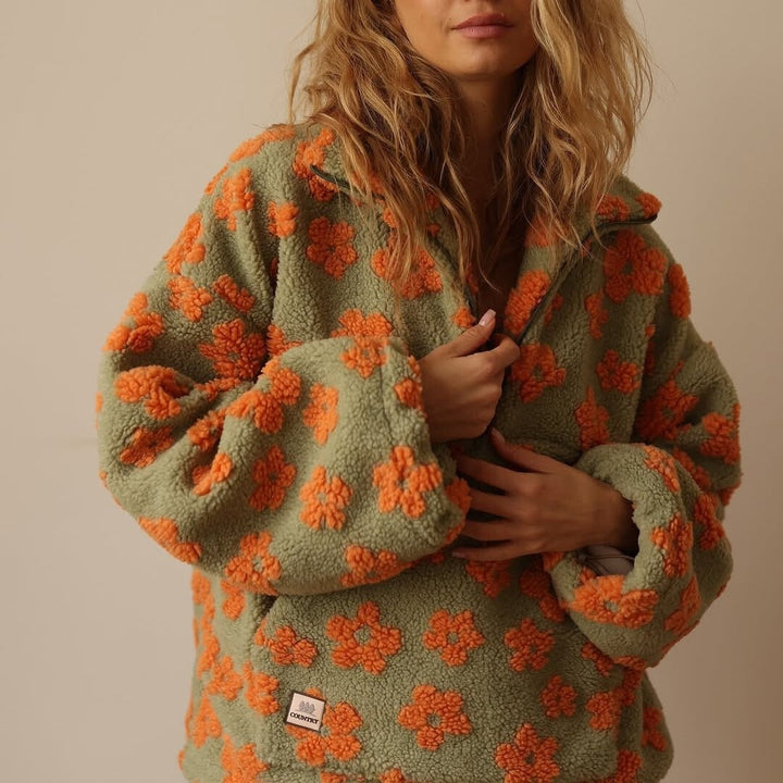 Oliwia | Kurtka Baranek Damska Oversized Wzór Kwiatowy