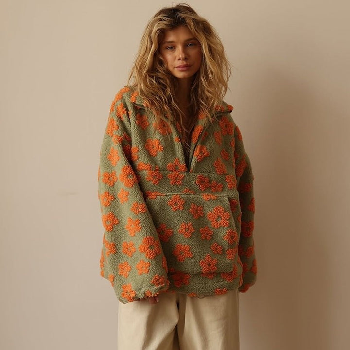 Oliwia | Kurtka Baranek Damska Oversized Wzór Kwiatowy