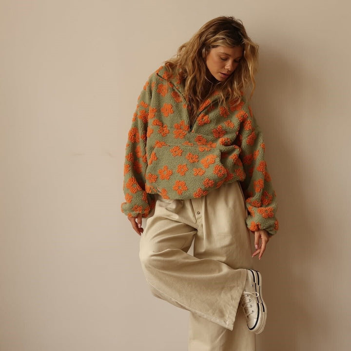 Oliwia | Kurtka Baranek Damska Oversized Wzór Kwiatowy