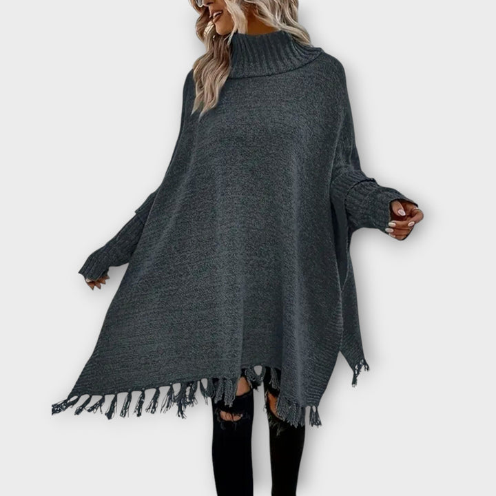 Roksana | Poncho z Dzianiny Damskie Oversize Wysoki Kołnierz Frędzle