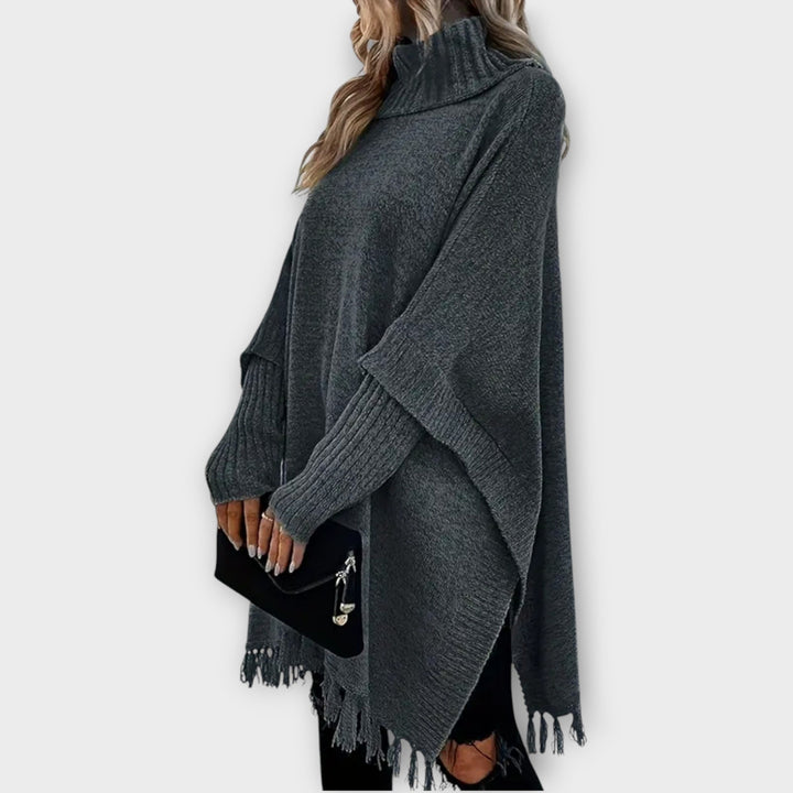 Roksana | Poncho z Dzianiny Damskie Oversize Wysoki Kołnierz Frędzle