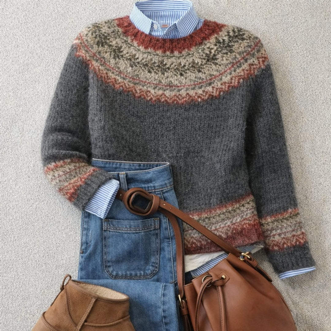 Roksana | Sweter Damski z Wzorem Fair Isle Wełniany Okrągły Dekolt