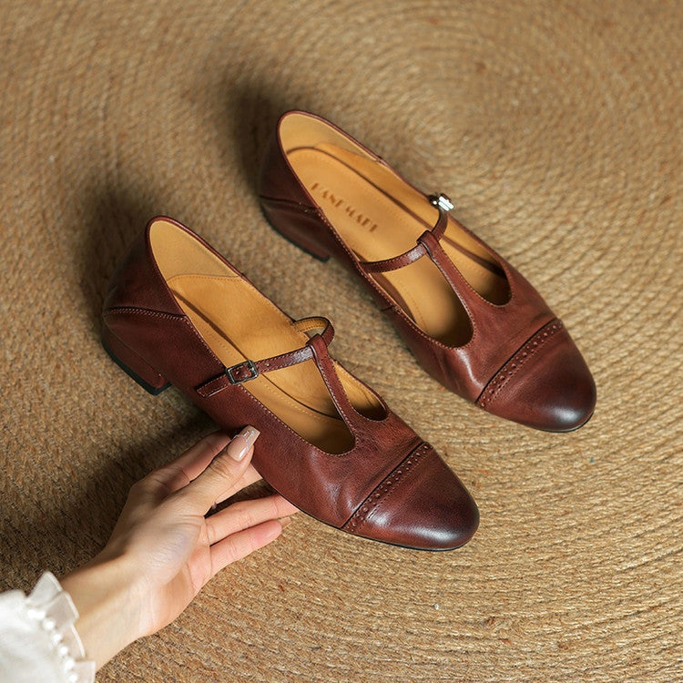 Sylwia | Buty Oxford Skórzane Damskie Niski Obcas Zapięcie T