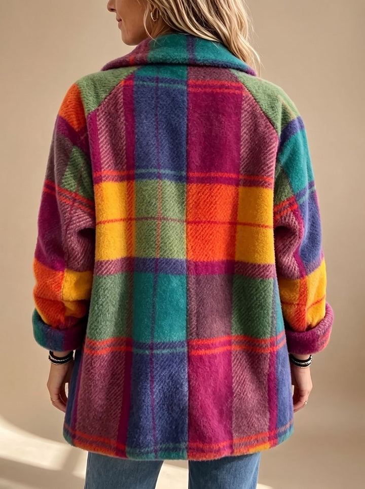 Sylwia | Płaszcz Teddy Oversize w Kratę Damski Długi Rękaw