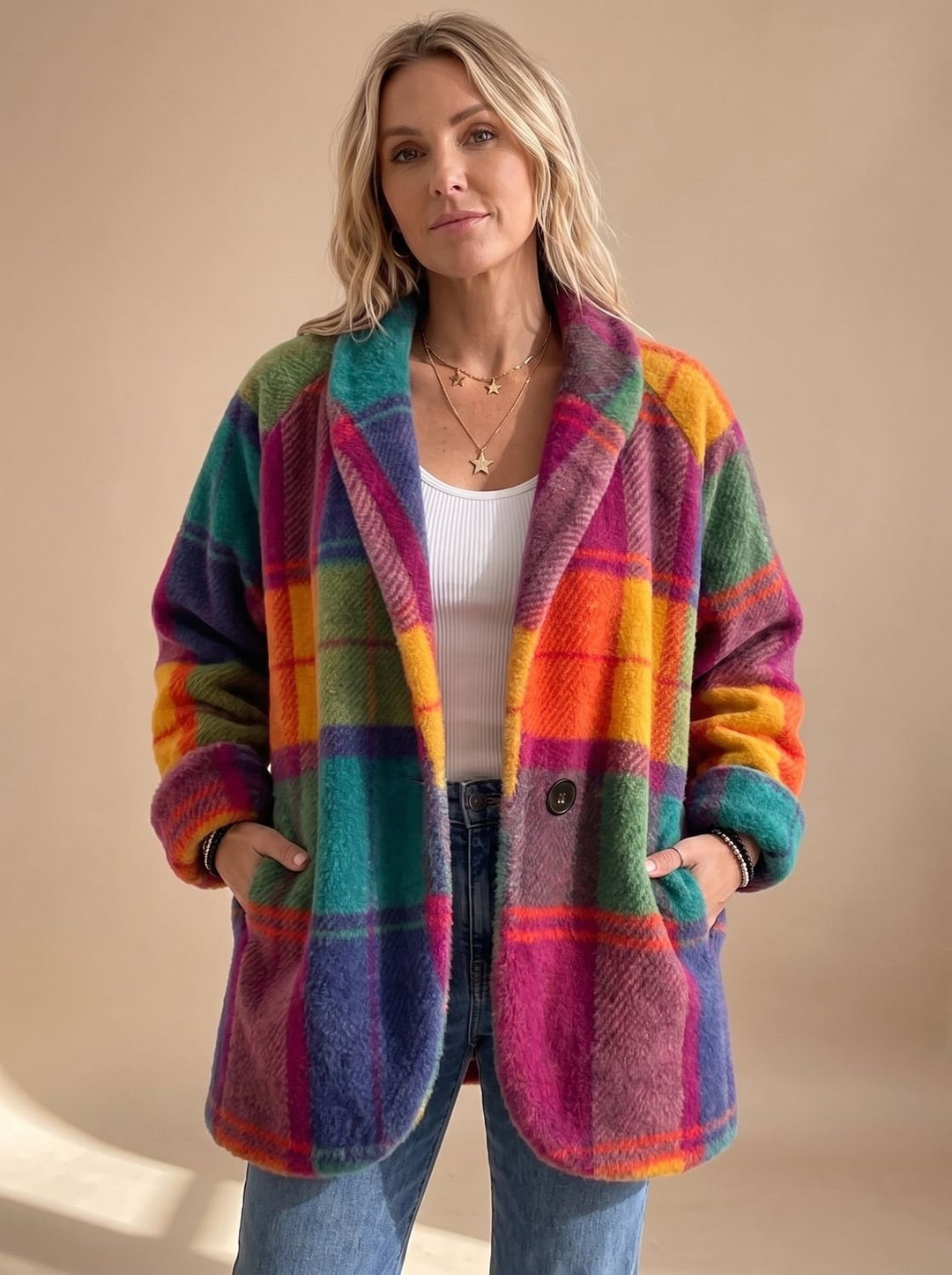 Sylwia | Płaszcz Teddy Oversize w Kratę Damski Długi Rękaw