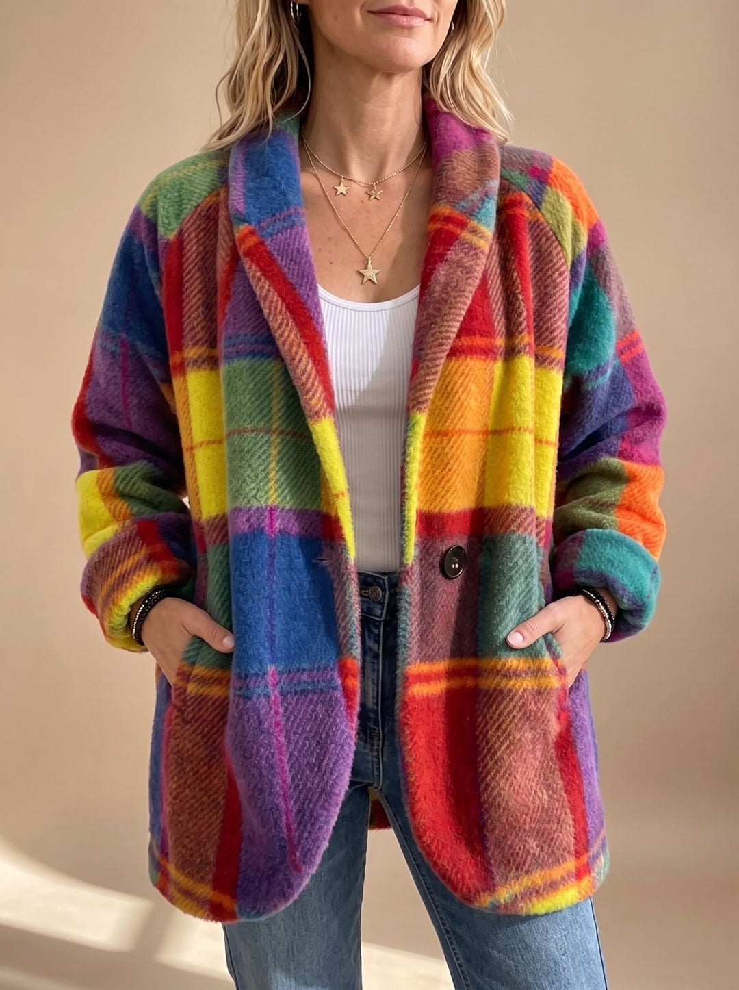 Sylwia | Płaszcz Teddy Oversize w Kratę Damski Długi Rękaw