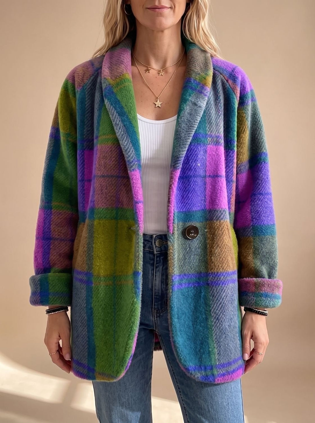 Sylwia | Płaszcz Teddy Oversize w Kratę Damski Długi Rękaw