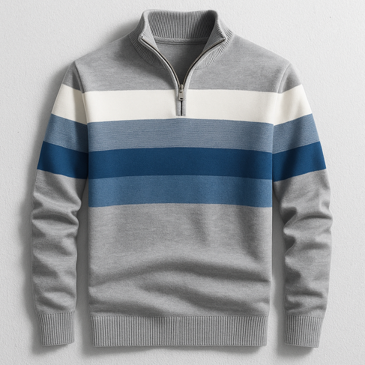 Szymon | Sweter w Paski Męski z Zamkiem Quarter Zip