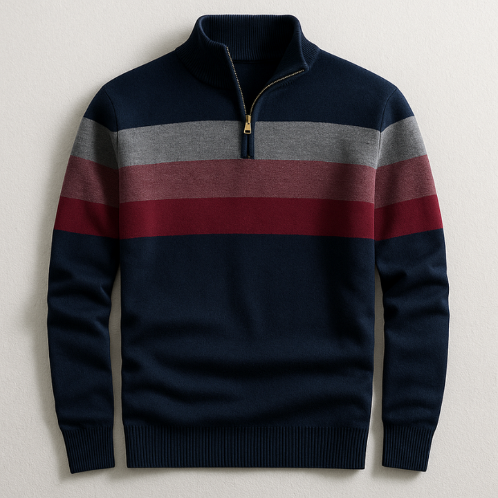 Szymon | Sweter w Paski Męski z Zamkiem Quarter Zip